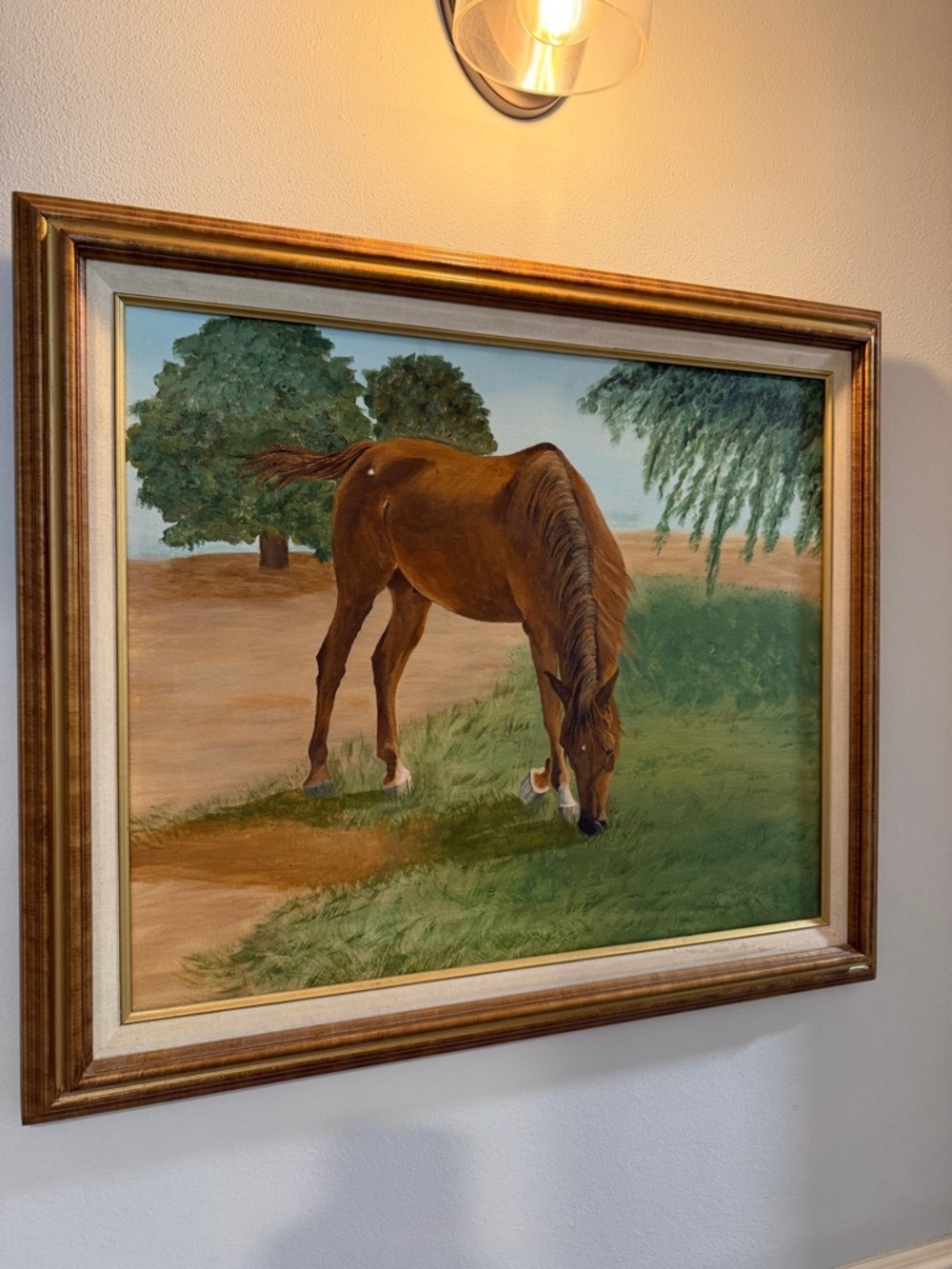 Framed Brown Horse Grazing Canvas signed painting Art - Classic Equestrian Print
